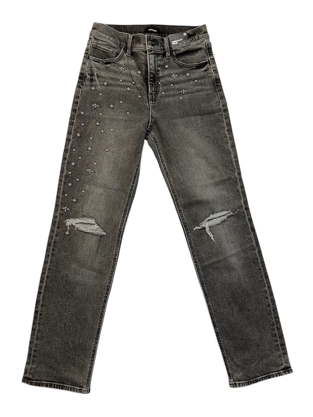 Express Modern Straight High Rise Grey Distressed Jeans with Pearls& Studs